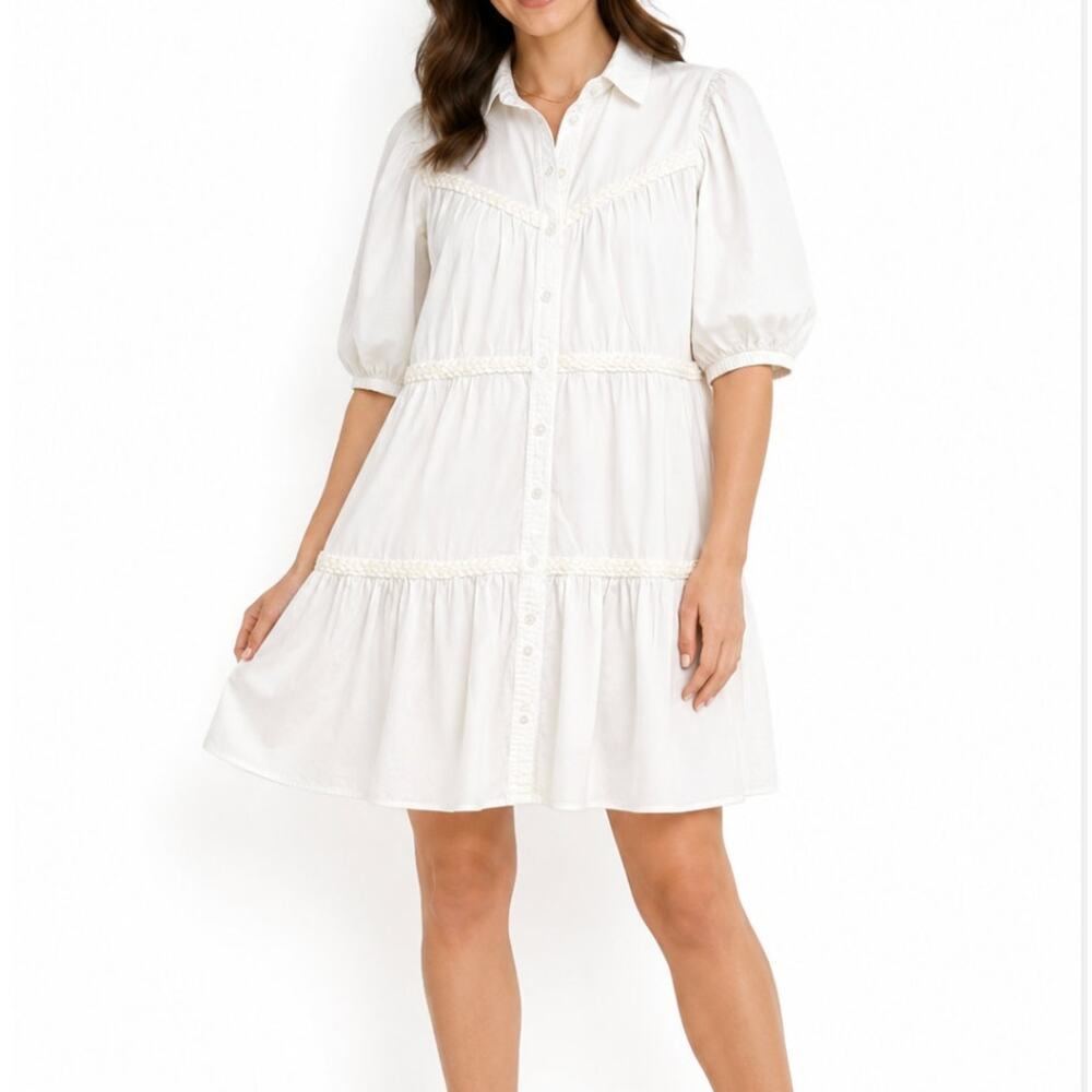 Boston Proper Soft White Tiered Babydoll Dress Puff Sleeve Cotton Stretch Size S